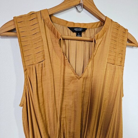 EUC SIMPLY VERY VERAWANG SPLIT V NECK MUSTARD SATINY TIERED MIDI DRESS SZ SMALL - Picture 11 of 16